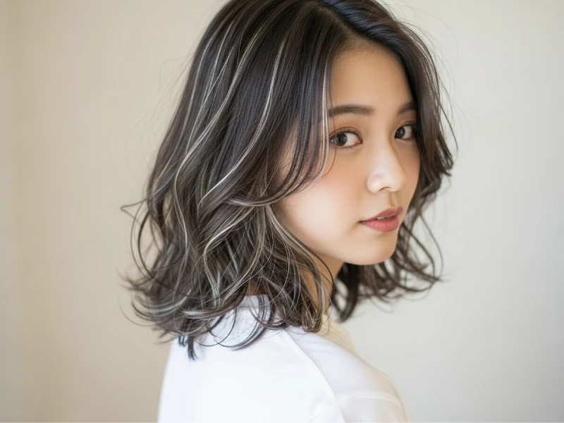 髪にハイライトを入れて振り返りながら微笑んでいる女性