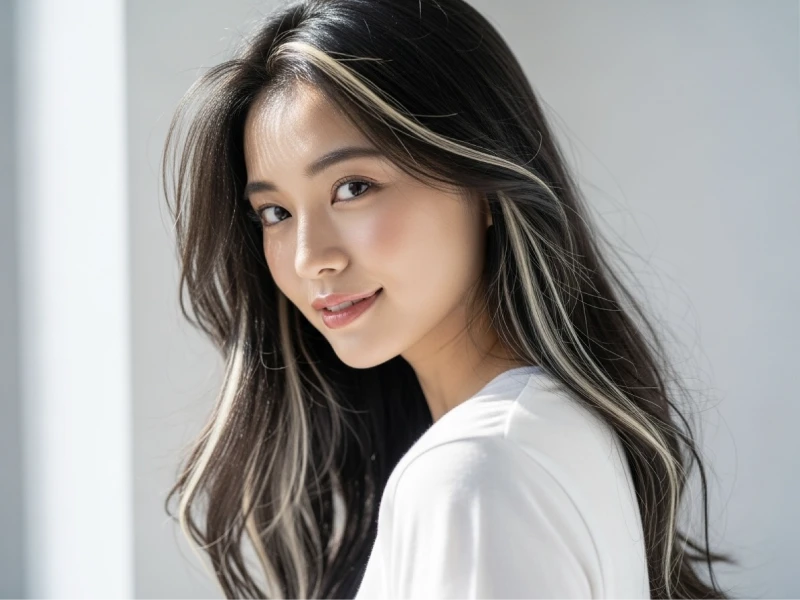 髪にハイライトを入れて微笑んでいる女性