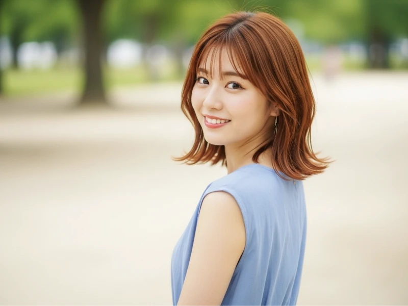 落ち着いたブラウン系の髪色をして微笑みながら振り買っている女性
