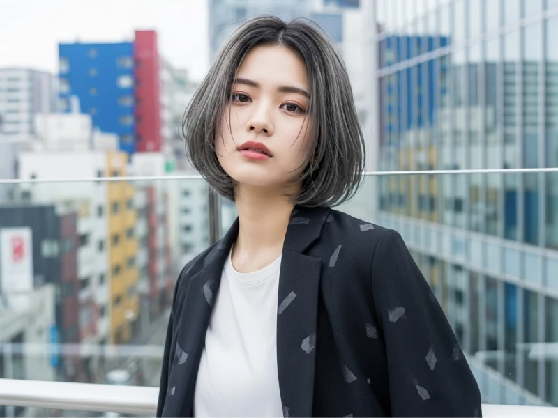 アッシュ系の髪色をしてこちらを向いている女性