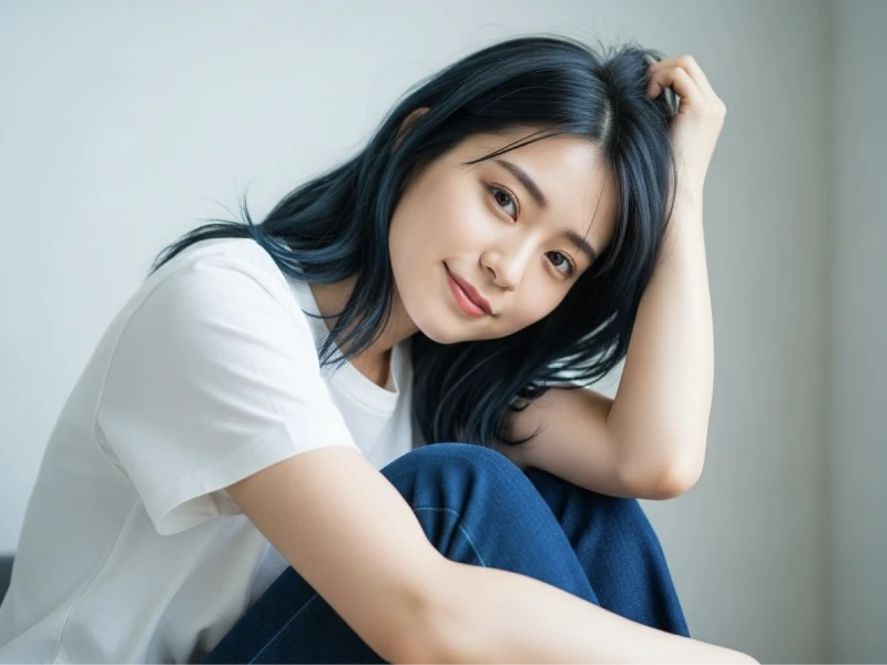 アッシュ系の髪色をして微笑んでいる女性