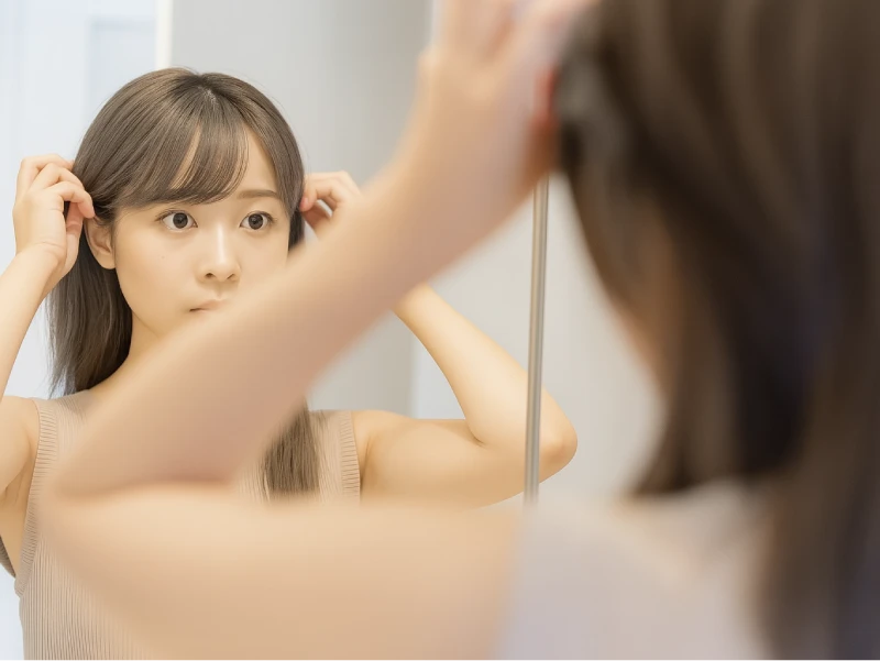 髪を触りながら鏡に写った自分を見つめている女性