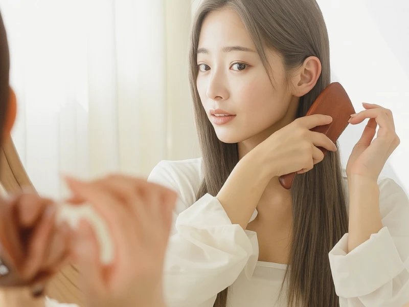 髪をブラッシングしながら鏡に写った自分を見つめている女性