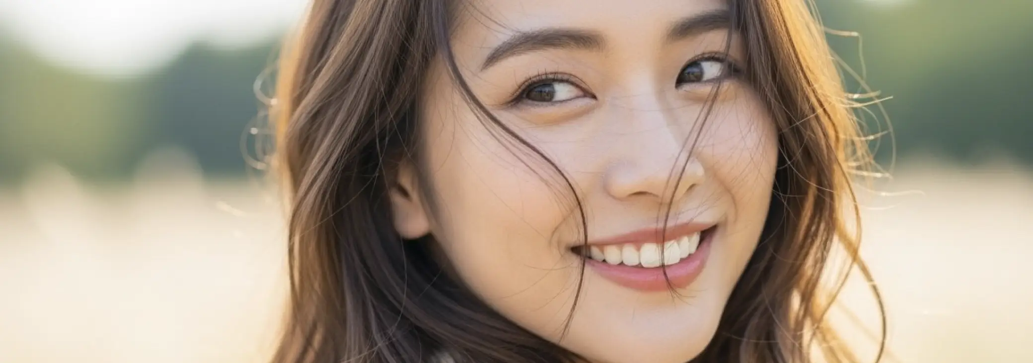 草原のなかで振り向きながら微笑んでいる女性