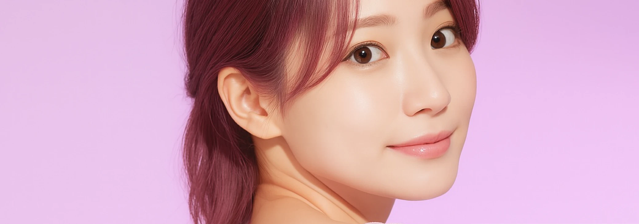 明るめのピンクの髪色をして微笑んでいる女性