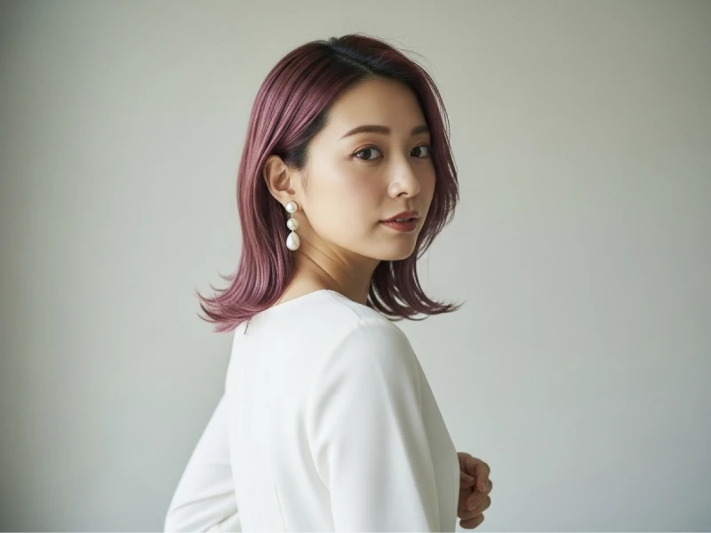 暗めのピンクの髪色をして微笑んでいる女性