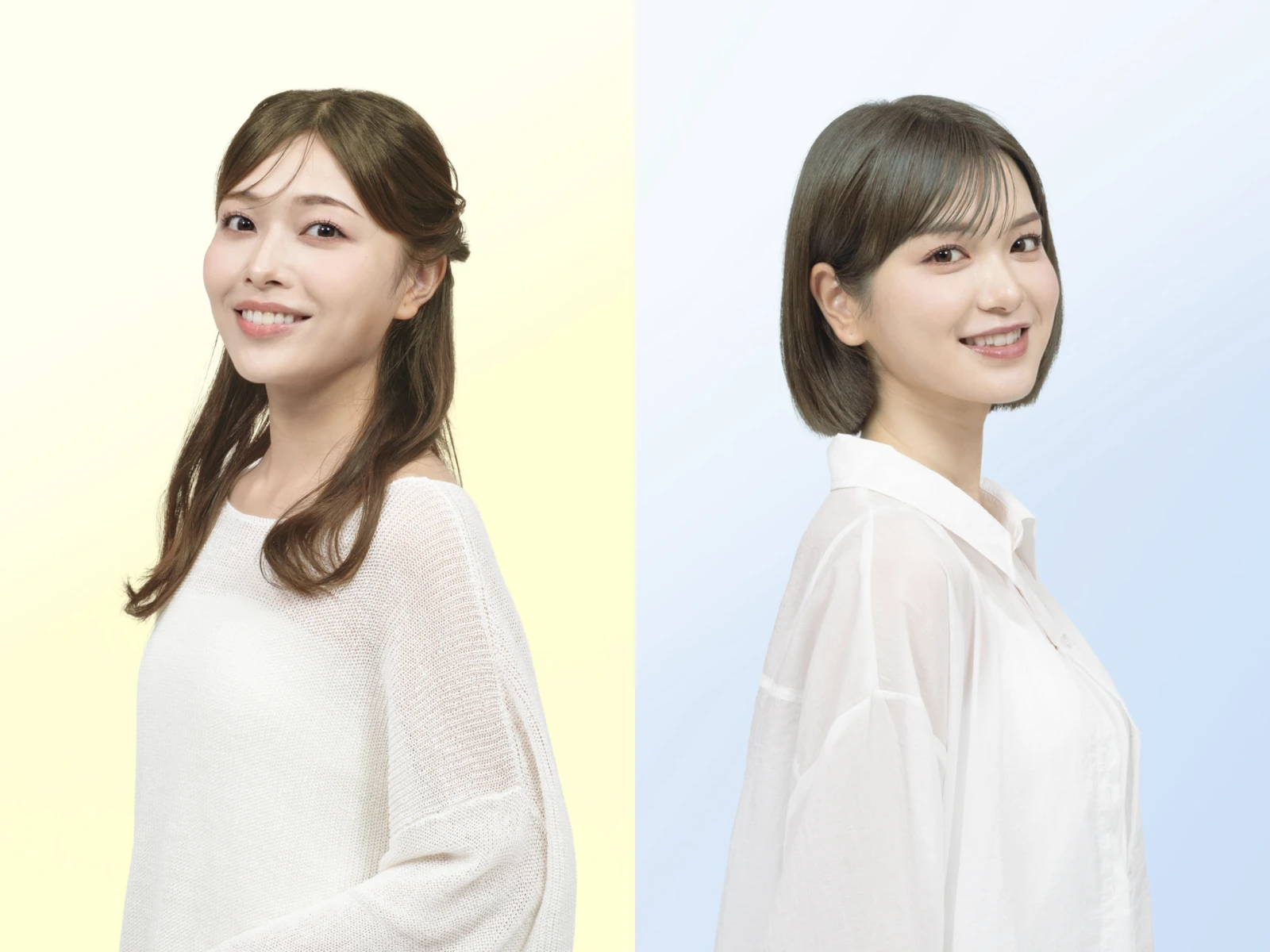 イエベとブルベに似合うヘアカラー、メイクをして微笑む二人の女性