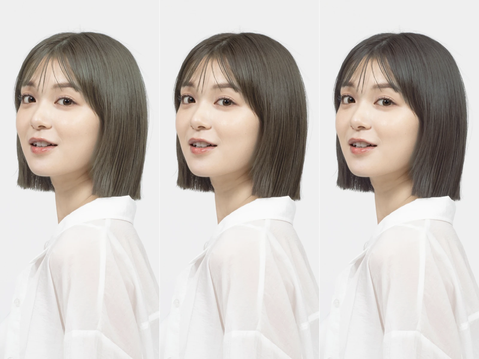 ビューティラボのアッシュ系のヘアカラーで微笑んでいる女性のコラージュ画像