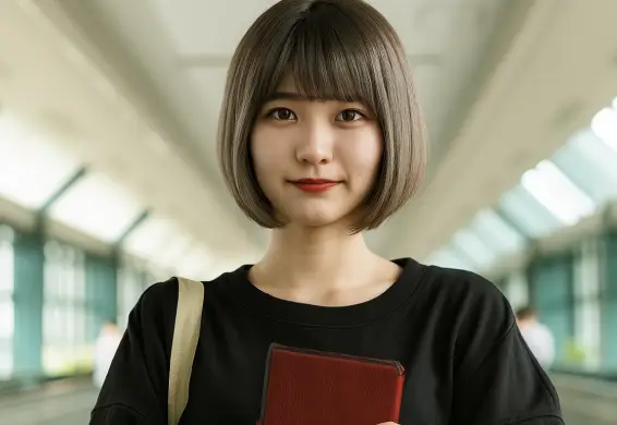 アッシュ系の髪色をして微笑んでいる女性