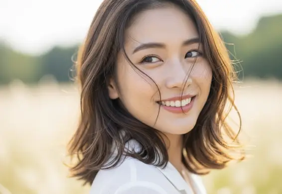 草原のなかで振り向きながら微笑んでいる女性