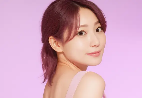 明るめのピンクの髪色をして微笑んでいる女性